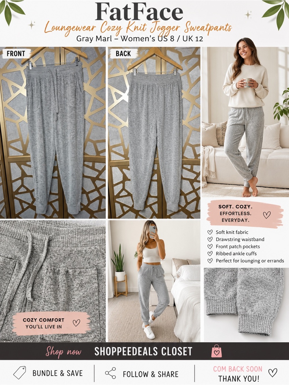FatFace Loungewear Cozy Knit Jogger Sweatpants – Gray Marl – Women’s US 8